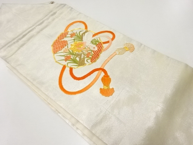 JAPANESE KIMONO / VINTAGE NAGOYA OBI / SILK / EMBROIDERY / MIRROR & FLORAL PLANTS